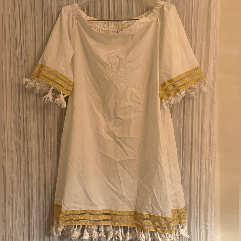White and Gold Women's Mini Dress with boho vibes